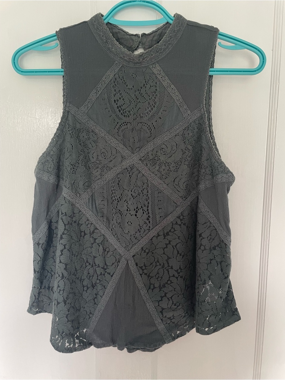 American Eagle Sleeveless Lace Panel High-Neck Top - Sage Green